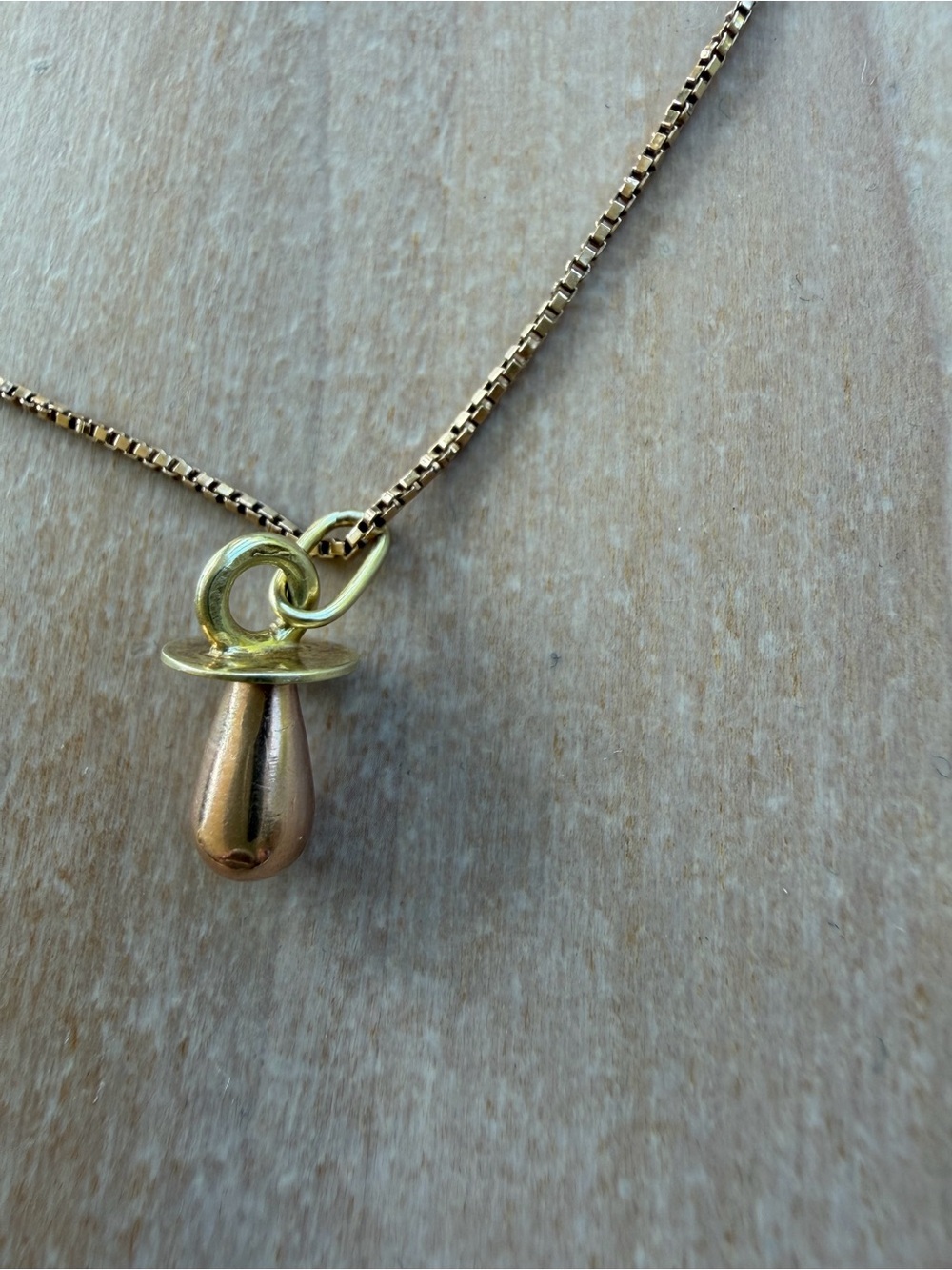 Vintage 10K Gold Box Chain Necklace with 14K Gold Baby Pacifier Pendant